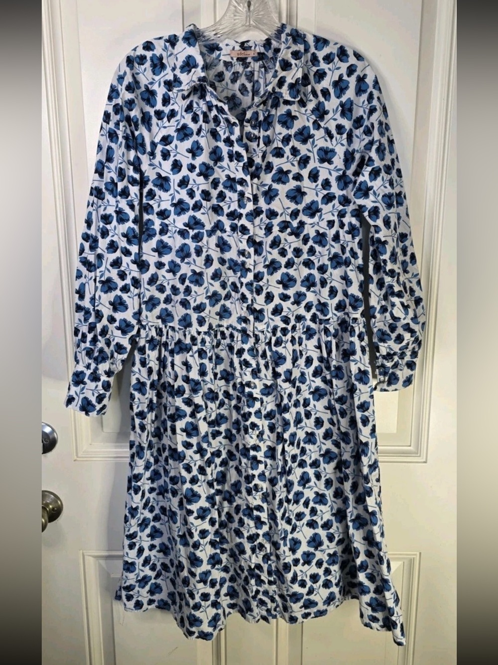 Blue Floral Midi Dress with Button-Front